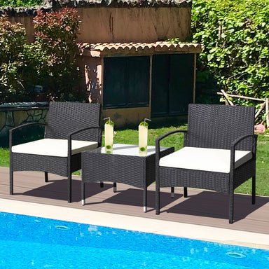 Stylish 3-Piece Patio Wicker Rattan Furniture Set by Dream Yard Oasis near a swimming pool, showcasing comfy chairs and a glass table perfect for relaxation.