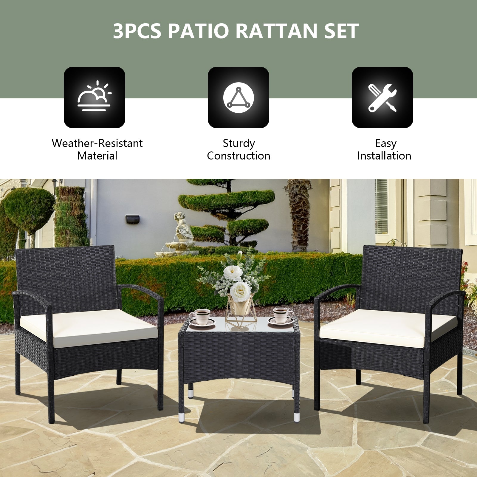 3-Piece Patio Wicker Rattan Furniture Set with Cushions & Glass Table for Lawn & Backyard displayed outdoors with a beautiful garden background highlighting its weather-resistant features.