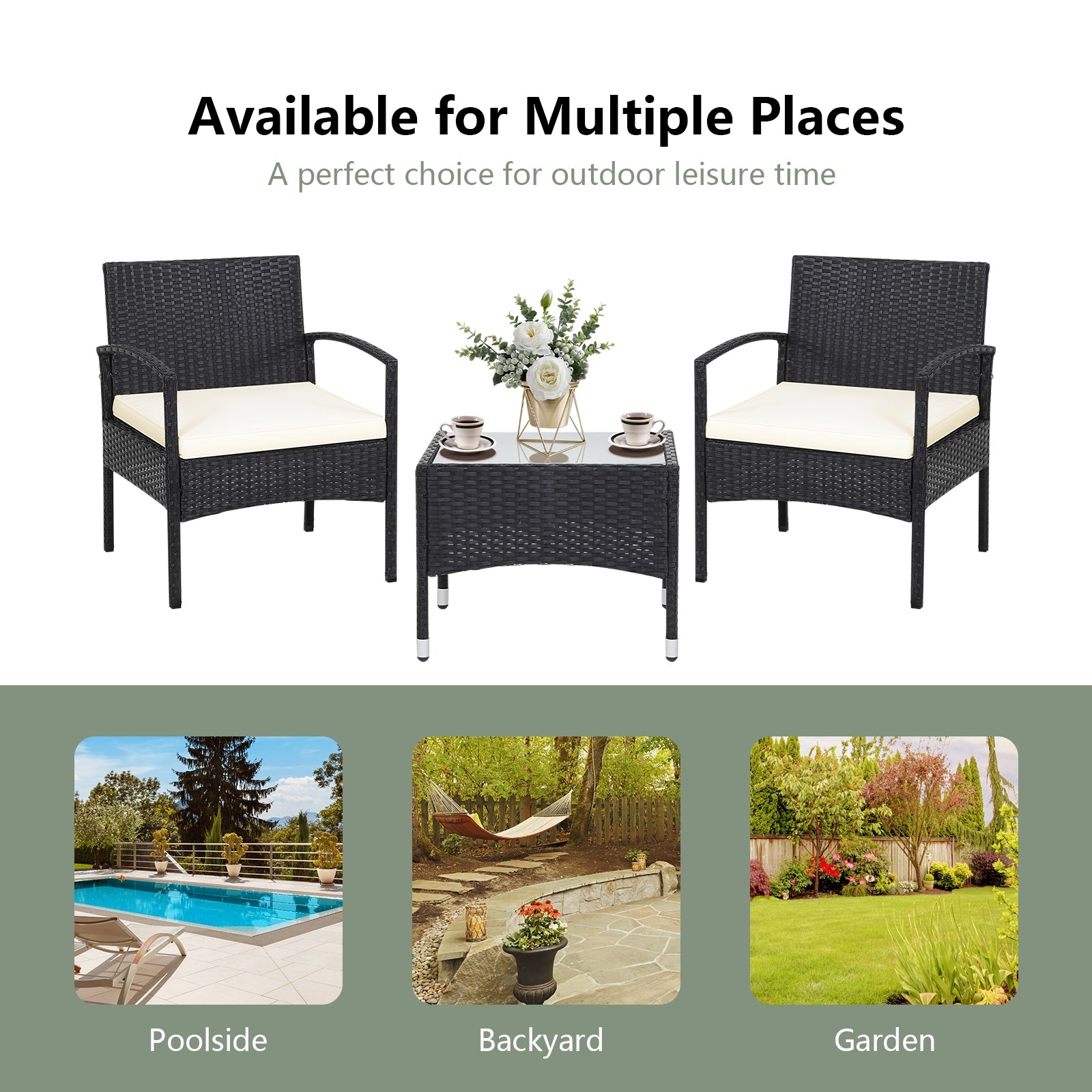 3-Piece Patio Wicker Rattan Furniture Set with Cushions & Glass Table for Lawn & Backyard, perfect for multiple outdoor settings including poolside, backyard, and garden.