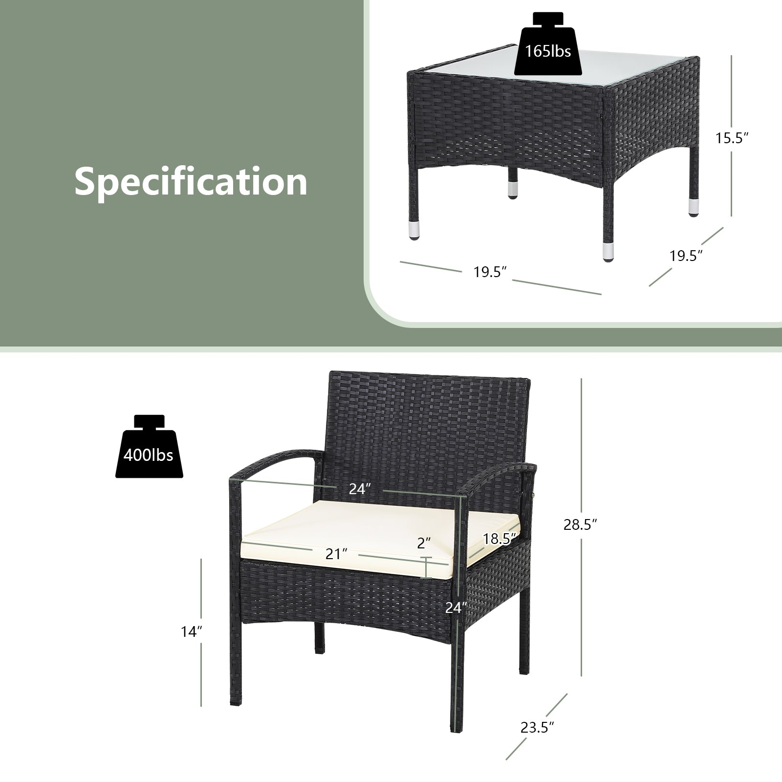 Detailed specifications of the 3-Piece Patio Wicker Rattan Furniture Set, showcasing dimensions and weight capacity for each piece.