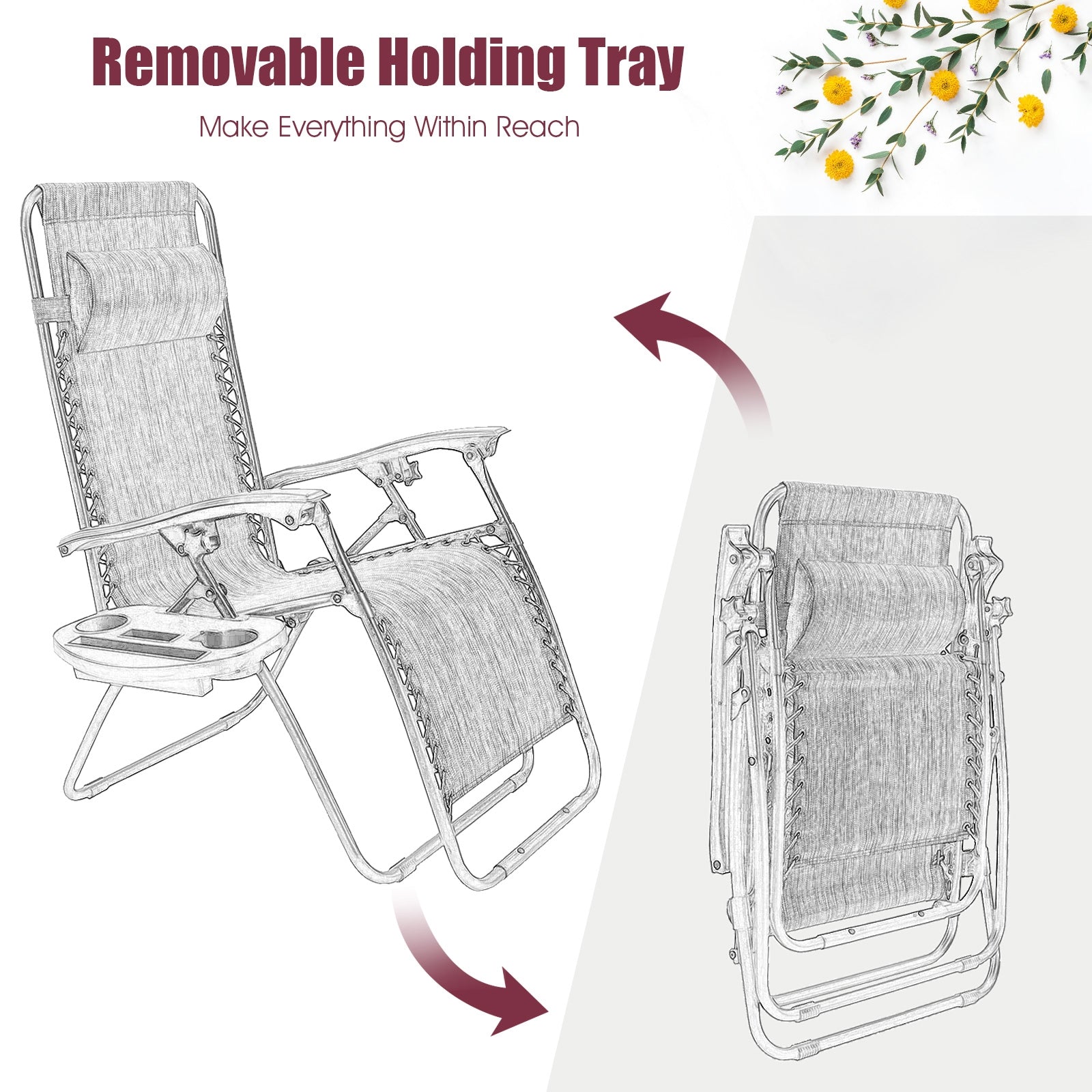 Removable holding tray of the 2-Piece Wine Zero Gravity Folding Lounge Chairs with Cup Holder. Designed for convenience, making everything within reach while relaxing.