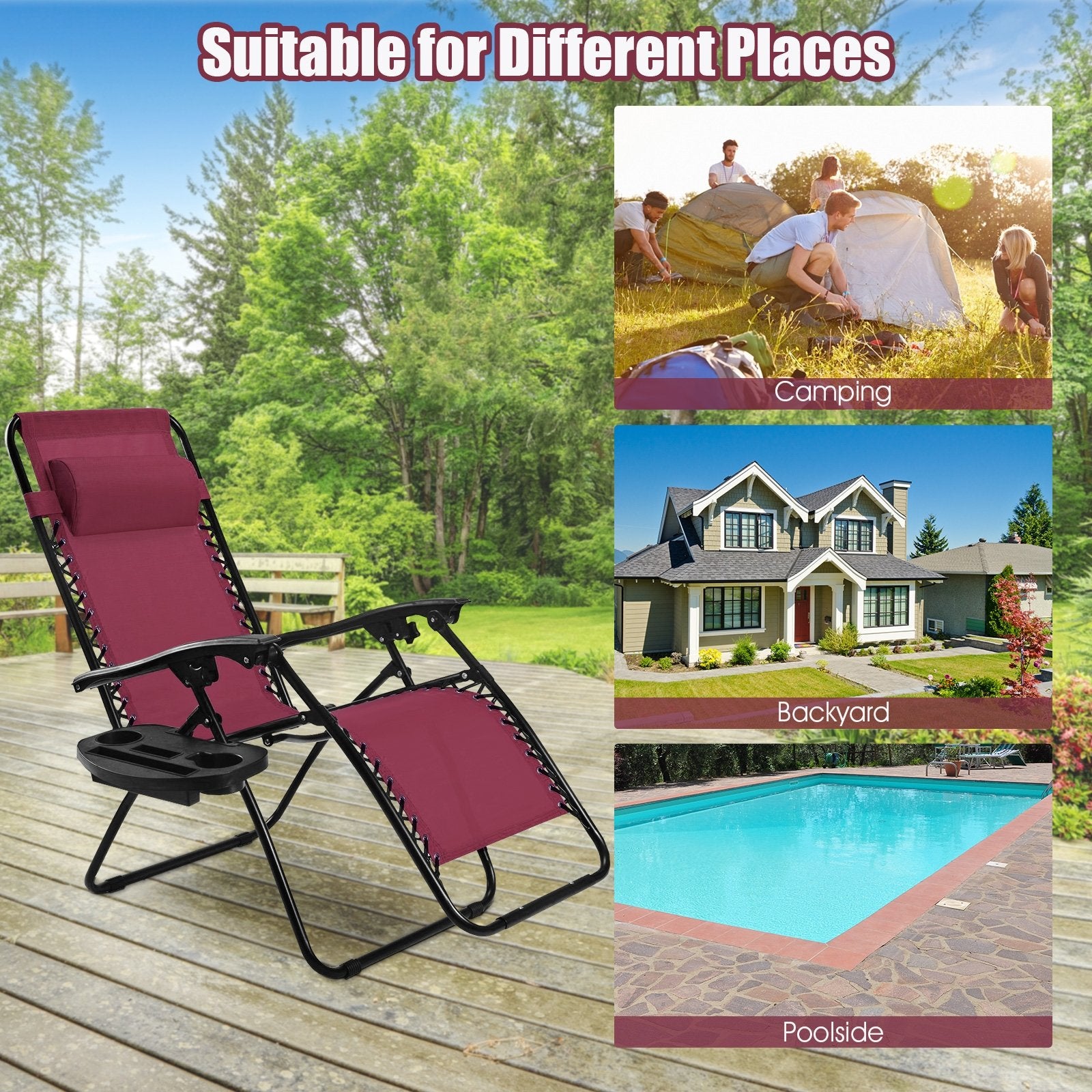 2-Piece Wine Zero Gravity Folding Lounge Chairs suitable for camping, backyard, and poolside relaxation with a stylish design.