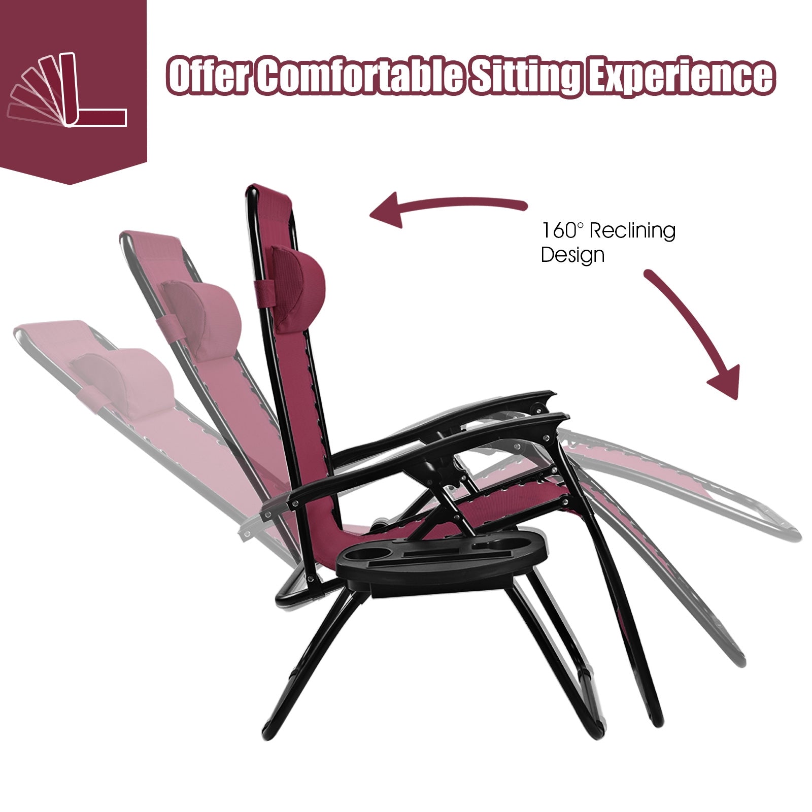 Adjustable reclining feature of the 2-Piece Wine Zero Gravity Folding Lounge Chairs with Cup Holder. Offers a comfortable sitting experience with a 160° reclining design.