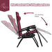 Adjustable reclining feature of the 2-Piece Wine Zero Gravity Folding Lounge Chairs with Cup Holder. Offers a comfortable sitting experience with a 160° reclining design.