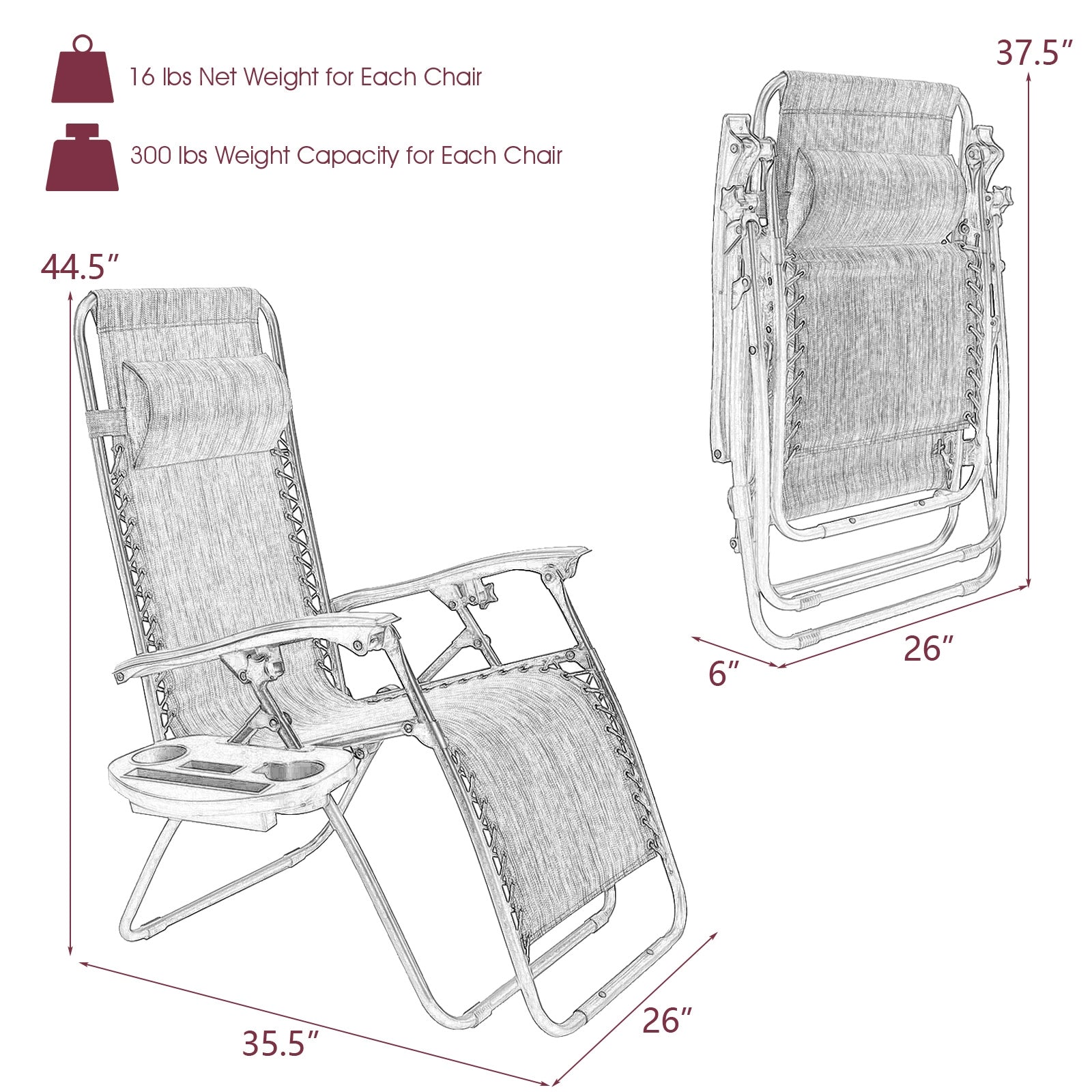 Dimensions and features of the 2-Piece Wine Zero Gravity Folding Lounge Chairs showing weight capacity and compact folding design for storage.