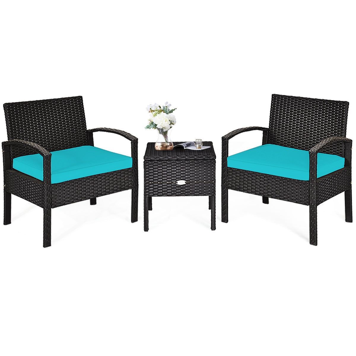 3-Piece Turquoise PE Rattan Wicker Sofa Set with Washable Cushions for Patio & Outdoor Use, including two chairs with bold turquoise cushions and a small coffee table with decorative items.