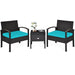 3-Piece Turquoise PE Rattan Wicker Sofa Set with Washable Cushions for Patio & Outdoor Use, including two chairs with bold turquoise cushions and a small coffee table with decorative items.