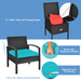 Detailed view of the 3-Piece Turquoise PE Rattan Wicker Sofa Set with Washable Cushions for Patio & Outdoor Use, showcasing the coffee table with storage space and ergonomic design of the chairs with plush cushions.