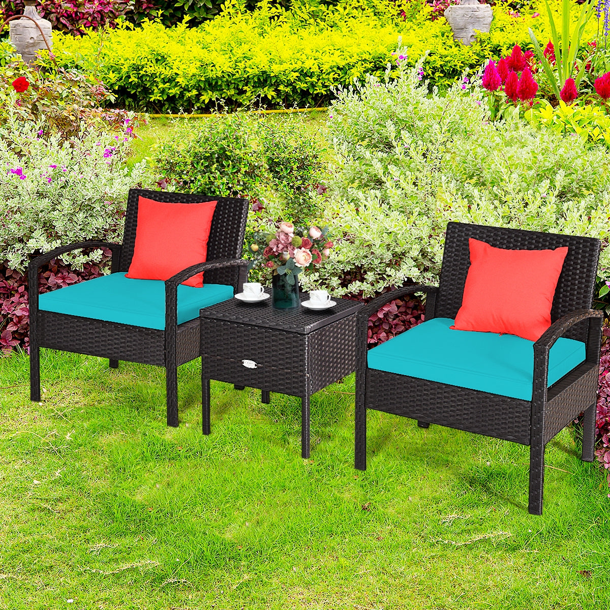 3-Piece Turquoise PE Rattan Wicker Sofa Set with Washable Cushions for Patio & Outdoor Use, featuring two stylish chairs with turquoise cushions and a matching coffee table in a beautiful garden setting.