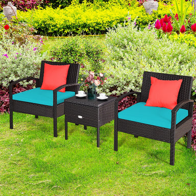 3-Piece Turquoise PE Rattan Wicker Sofa Set with Washable Cushions for Patio & Outdoor Use, featuring two stylish chairs with turquoise cushions and a matching coffee table in a beautiful garden setting.