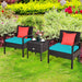 3-Piece Turquoise PE Rattan Wicker Sofa Set with Washable Cushions for Patio & Outdoor Use, featuring two stylish chairs with turquoise cushions and a matching coffee table in a beautiful garden setting.