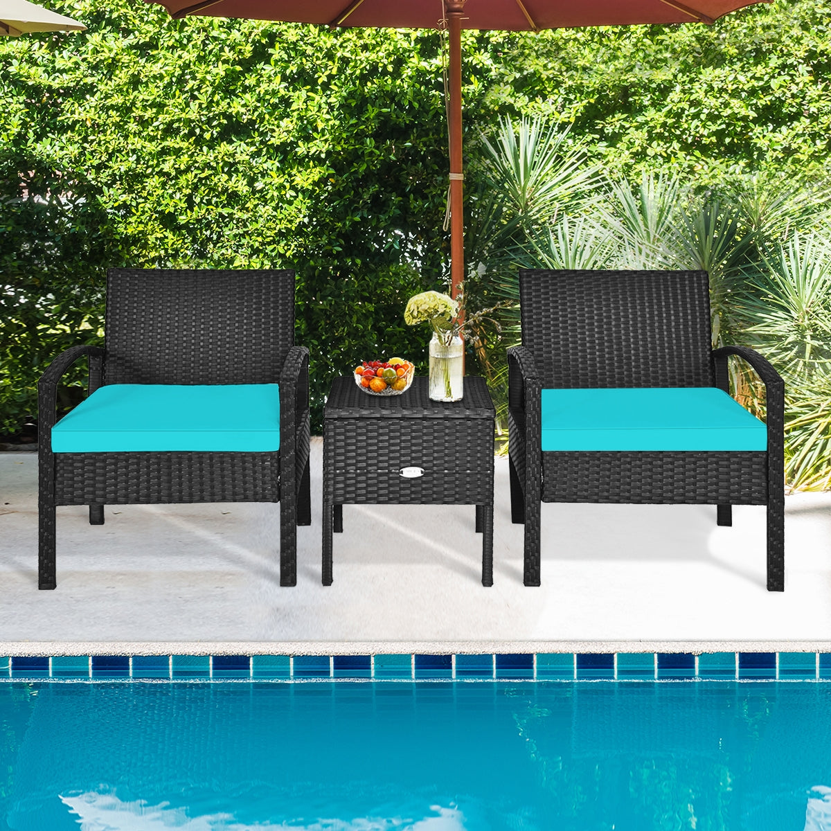 3-Piece Turquoise PE Rattan Wicker Sofa Set with Washable Cushions, featuring two comfortable chairs and a stylish coffee table, set outdoors near a pool, surrounded by greenery.