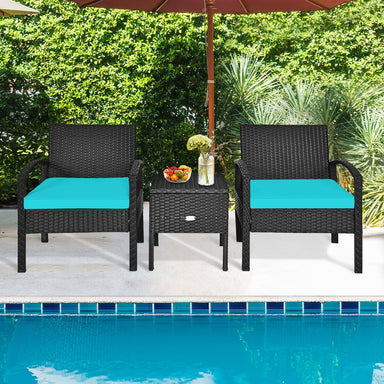 3-Piece Turquoise PE Rattan Wicker Sofa Set with Washable Cushions, featuring two comfortable chairs and a stylish coffee table, set outdoors near a pool, surrounded by greenery.