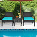 3-Piece Turquoise PE Rattan Wicker Sofa Set with Washable Cushions, featuring two comfortable chairs and a stylish coffee table, set outdoors near a pool, surrounded by greenery.