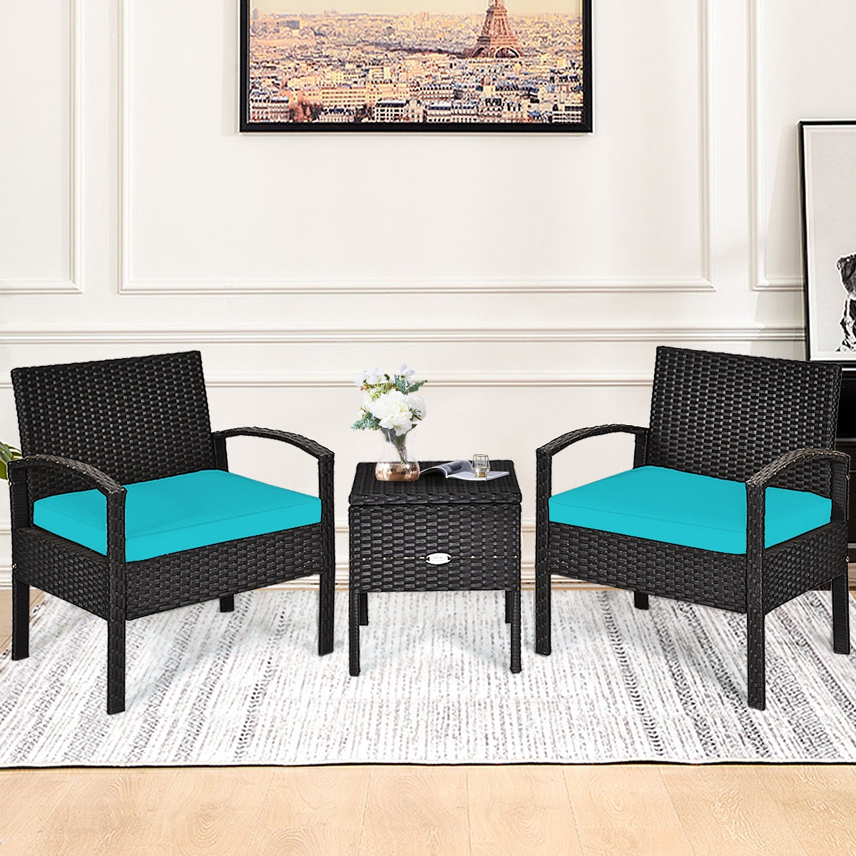 3-Piece Turquoise PE Rattan Wicker Sofa Set with Washable Cushions for Patio & Outdoor Use featuring two chairs with turquoise cushions and a matching coffee table, styled in an indoor setting.