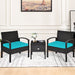 3-Piece Turquoise PE Rattan Wicker Sofa Set with Washable Cushions for Patio & Outdoor Use featuring two chairs with turquoise cushions and a matching coffee table, styled in an indoor setting.