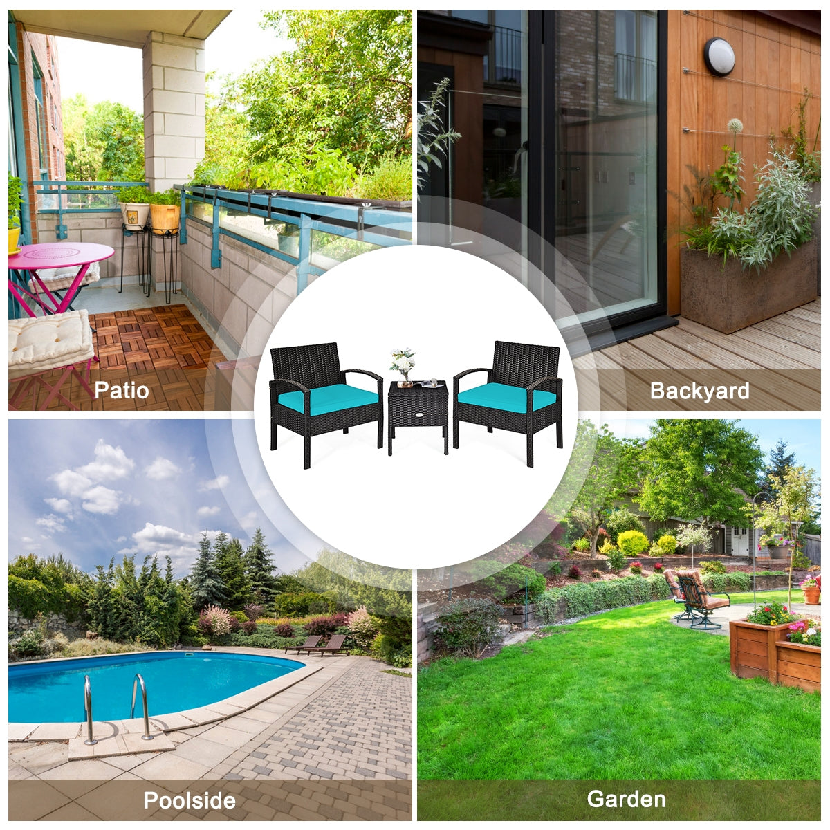 3-Piece Turquoise PE Rattan Wicker Sofa Set with Washable Cushions for Patio & Outdoor Use displayed in various outdoor environments including a patio, backyard, poolside, and garden, highlighting its versatility.