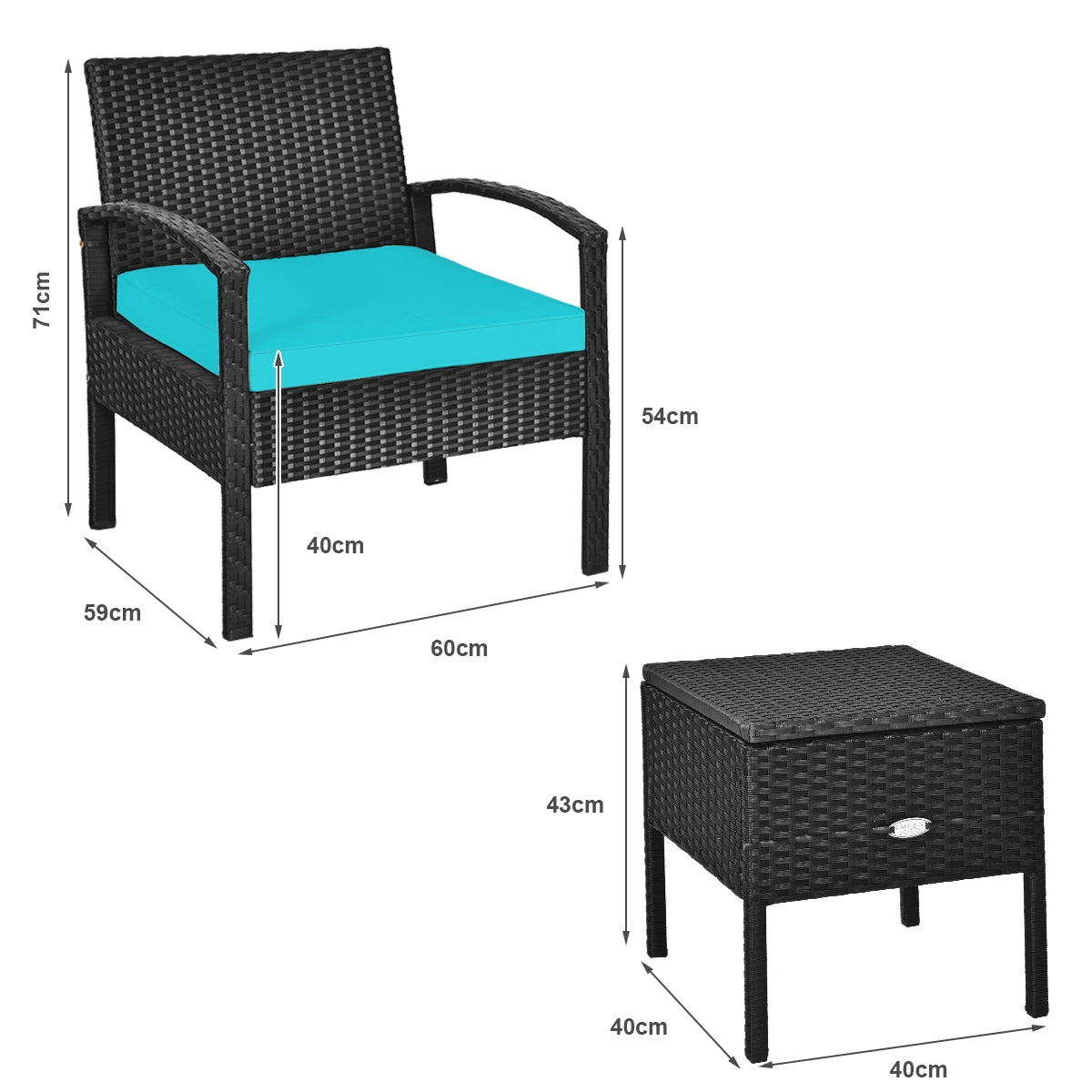 3-Piece Turquoise PE Rattan Wicker Sofa Set with Washable Cushions for Patio & Outdoor Use, illustrated with measurements of the chair and coffee table, highlighting its stylish design and comfort.