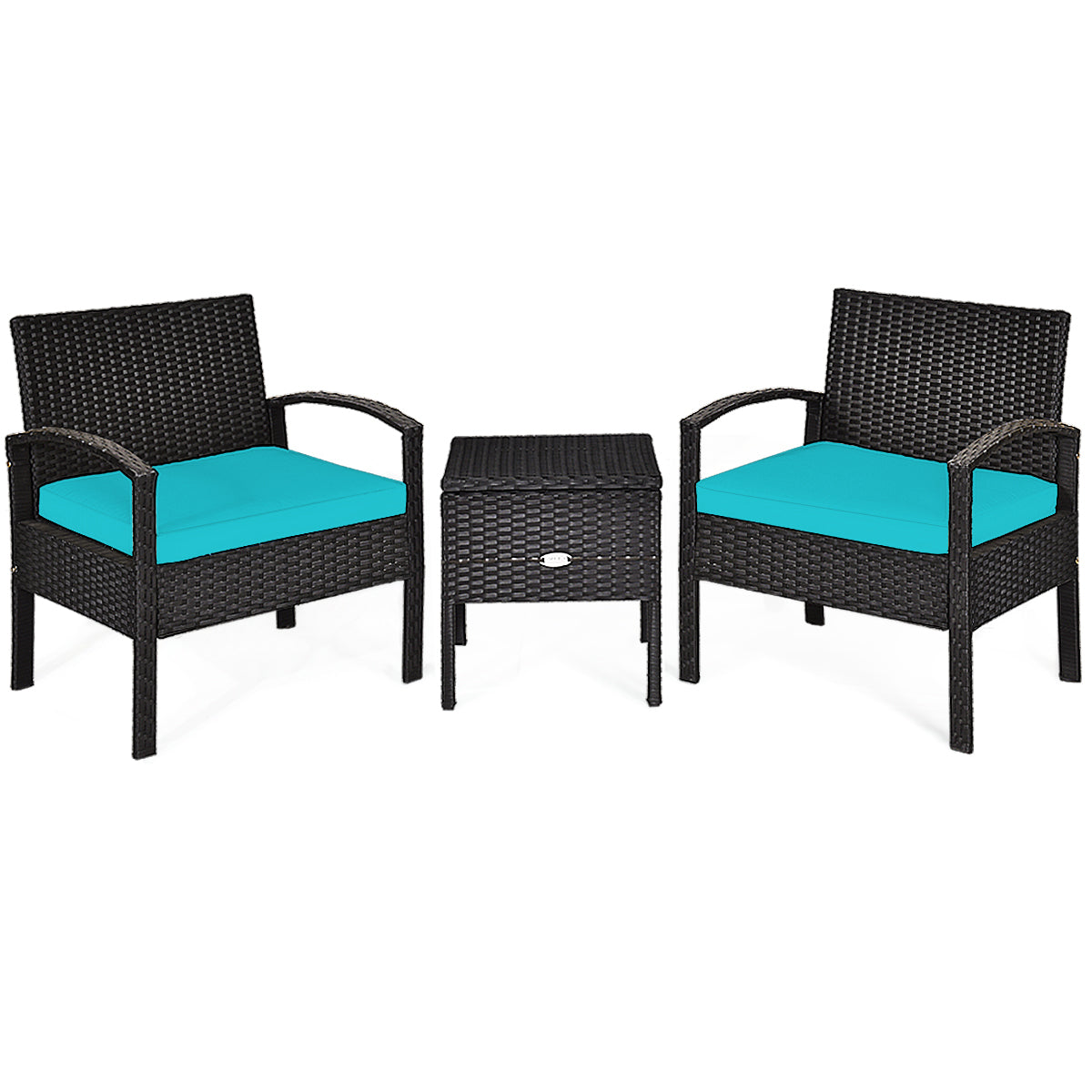 3-Piece Turquoise PE Rattan Wicker Sofa Set with Washable Cushions for Patio & Outdoor Use, showcasing the elegant design of two wicker chairs and a coffee table, perfect for outdoor relaxation.