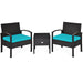 3-Piece Turquoise PE Rattan Wicker Sofa Set with Washable Cushions for Patio & Outdoor Use, showcasing the elegant design of two wicker chairs and a coffee table, perfect for outdoor relaxation.