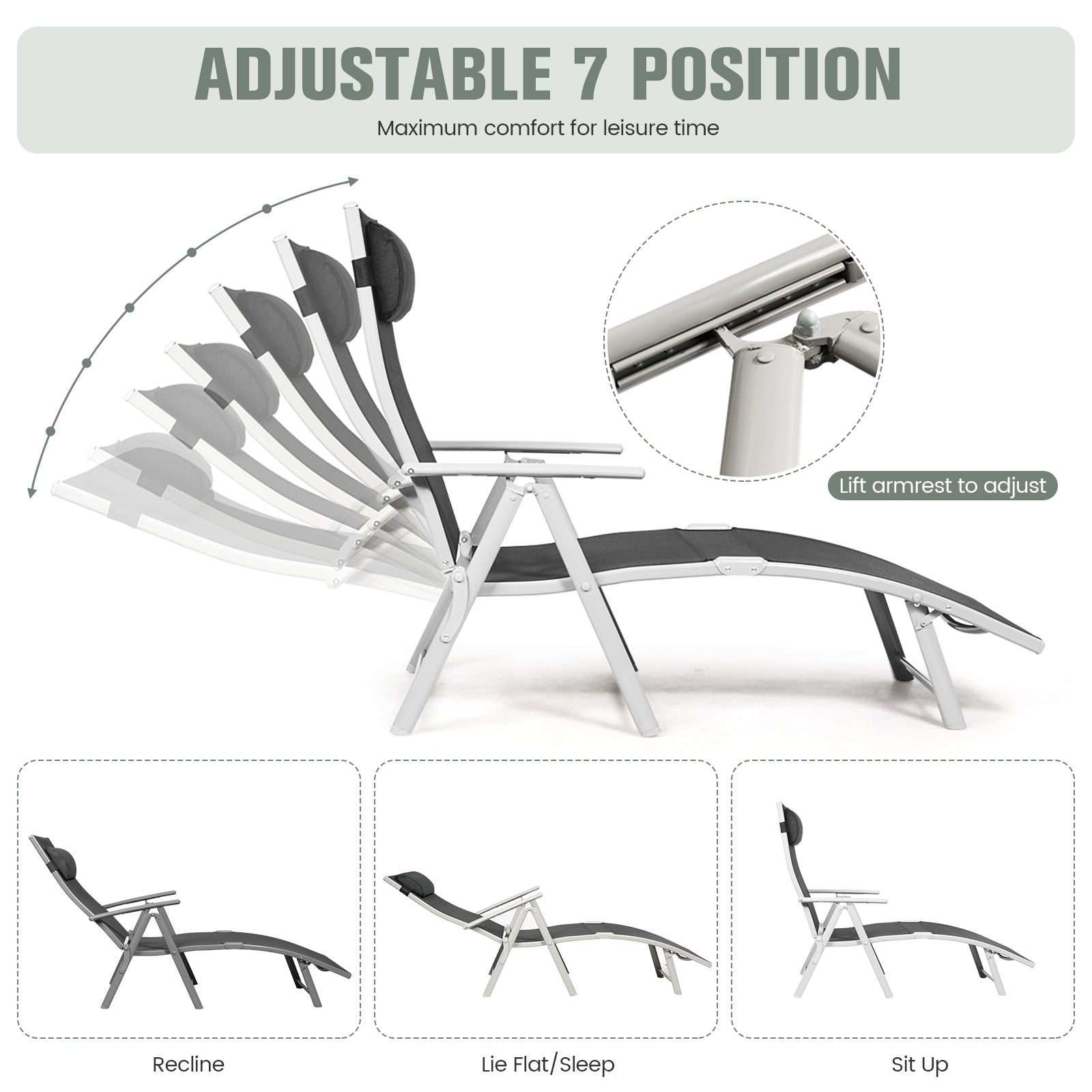 Adjustable settings of the Outdoor Folding Chaise Lounge Chair with Pillow & Cushion - Black, displaying the reclining positions for maximum comfort during leisure time.