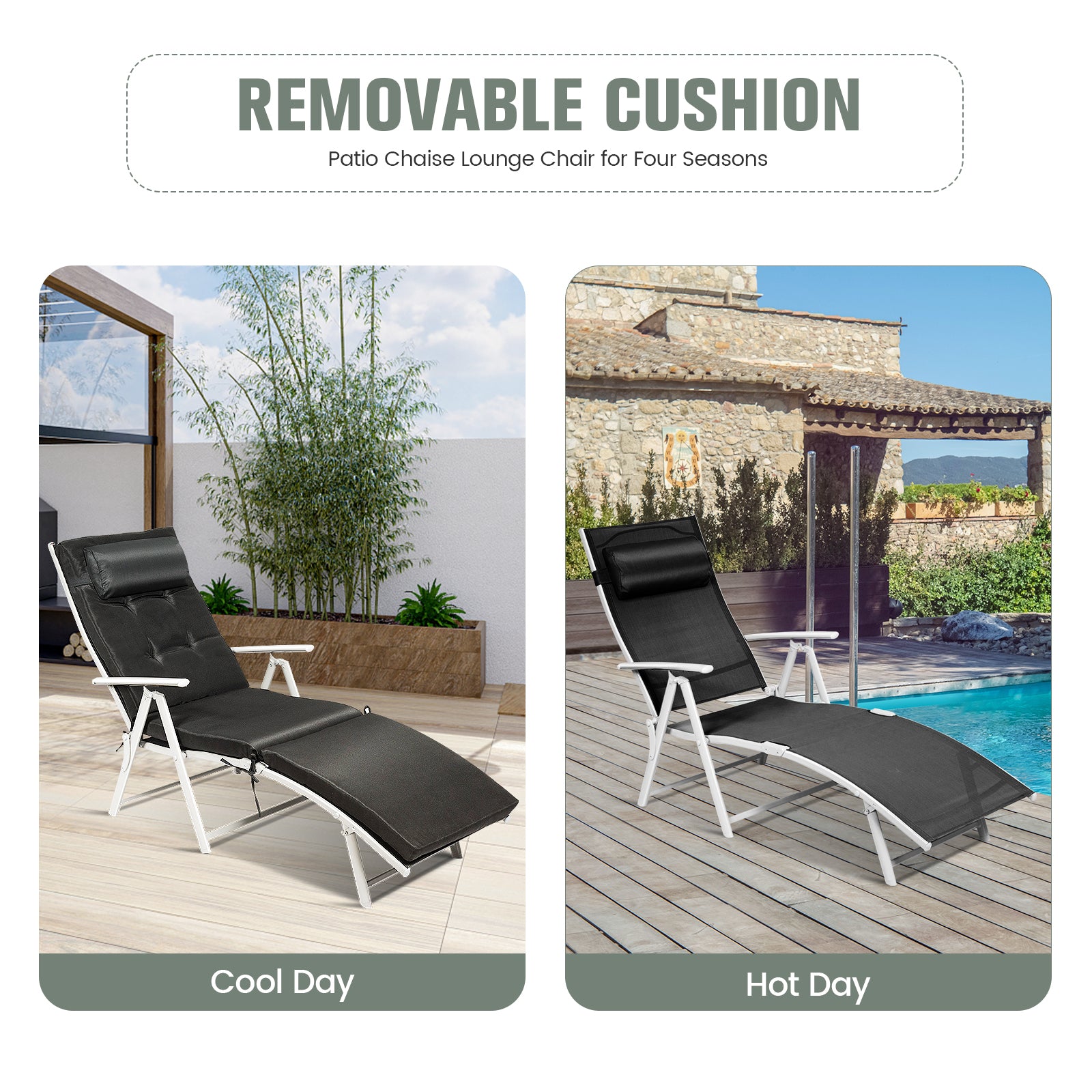 Removable cushion feature of the Adjustable 7-Position Outdoor Folding Chaise Lounge Chair with Pillow & Cushion - Black, highlighting its versatility for different weather conditions.