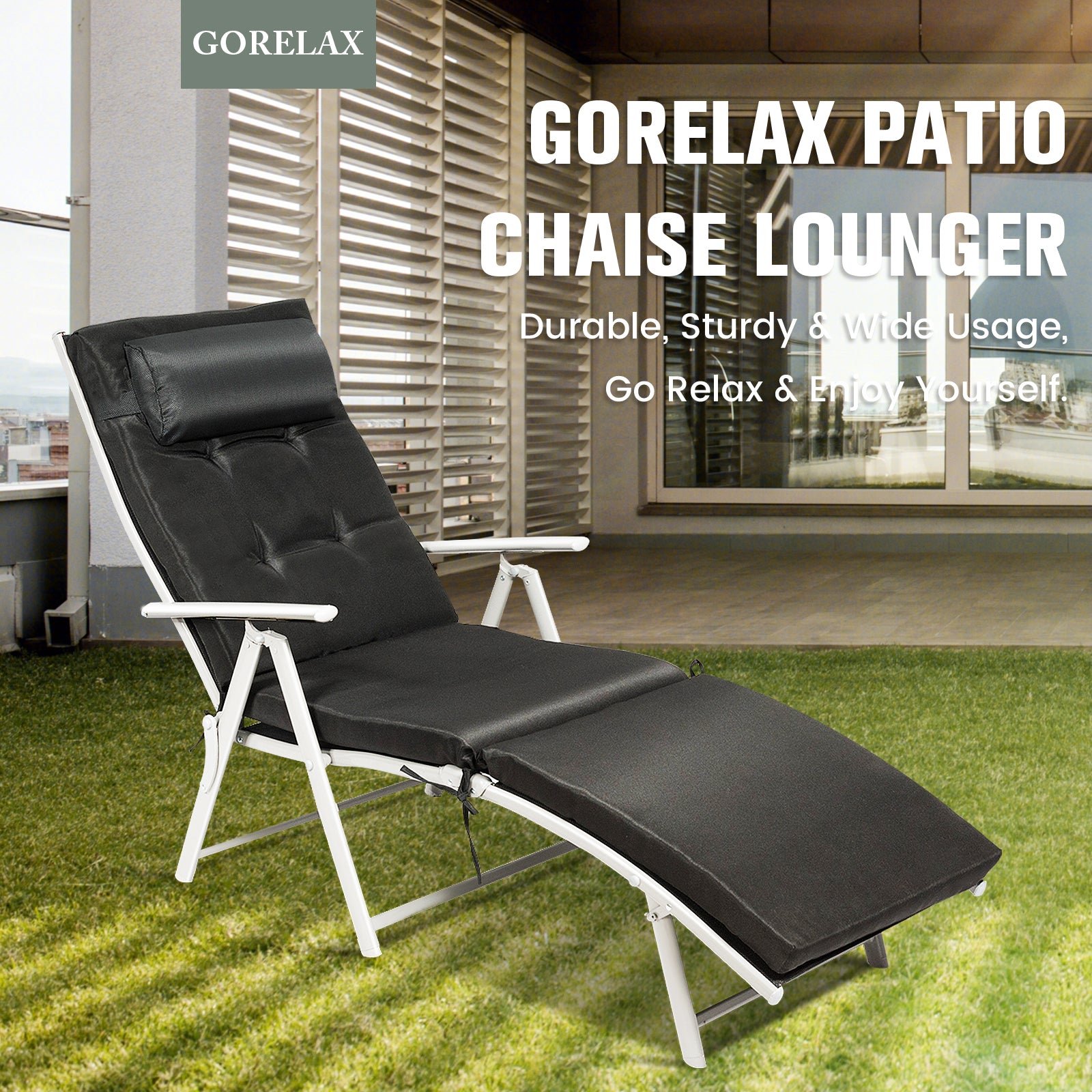 Adjustable 7-Position Outdoor Folding Chaise Lounge Chair with Pillow & Cushion - Black, shown in a stylish outdoor area, ideal for lounging and sunbathing.