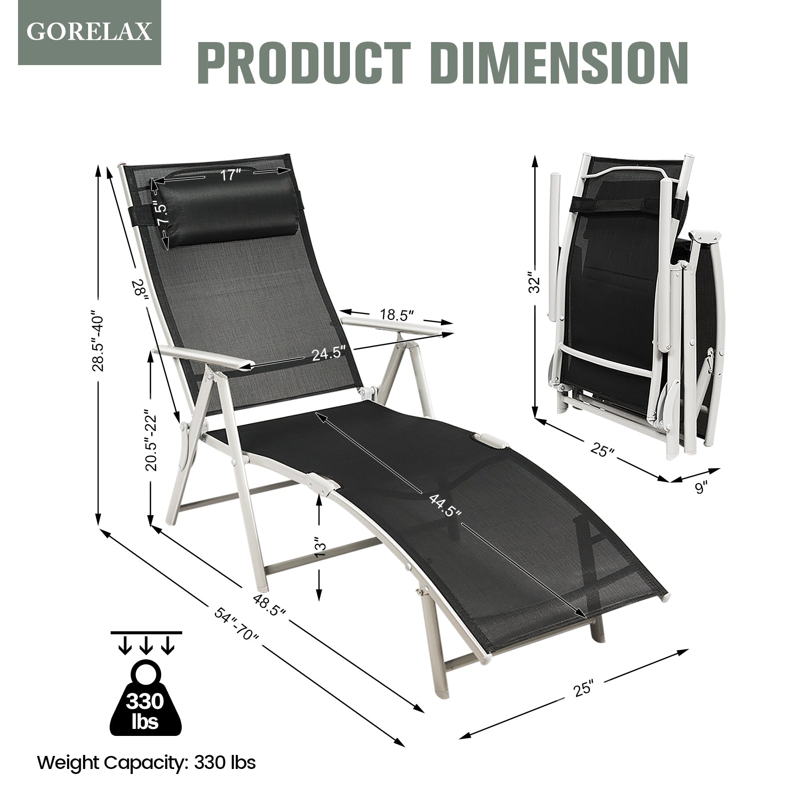Dimensions of the Adjustable 7-Position Outdoor Folding Chaise Lounge Chair with Pillow & Cushion - Black, showcasing its size and weight capacity of 330 lbs for ultimate comfort.