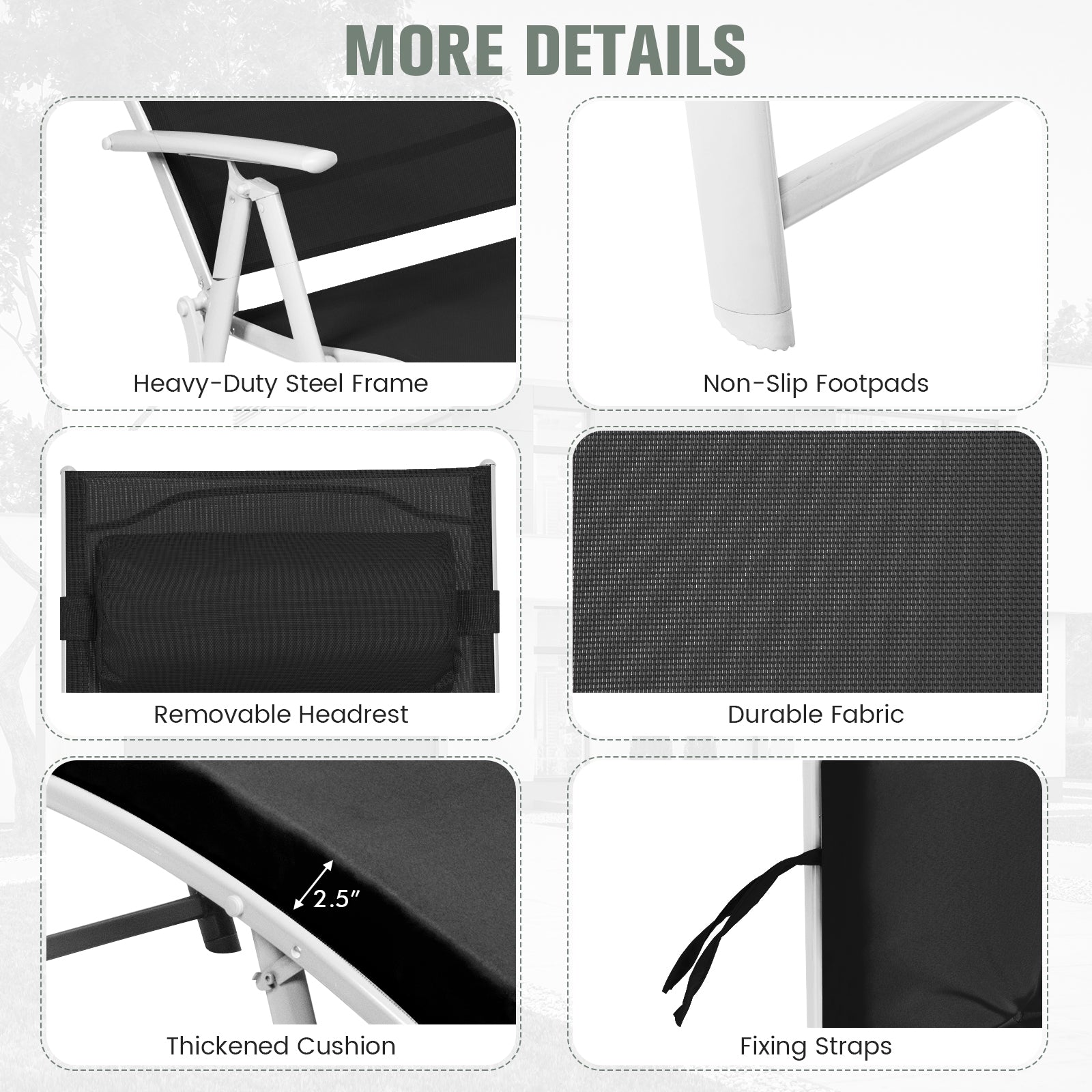 More details of the Adjustable 7-Position Outdoor Folding Chaise Lounge Chair with Pillow & Cushion - Black including the heavy-duty steel frame, removable headrest, thickened cushion, non-slip footpads, and durable fabric features.