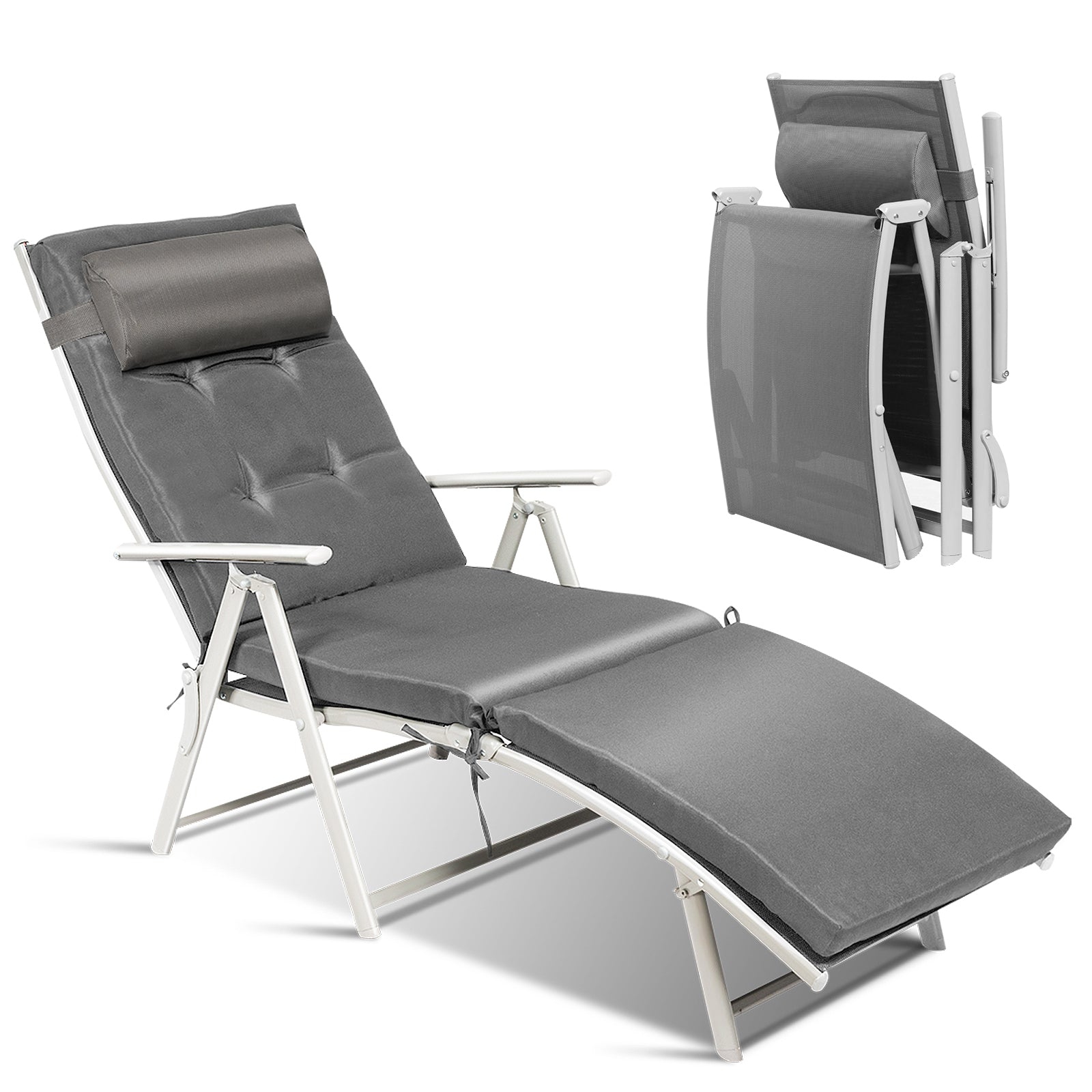 Adjustable Lightweight Folding Chaise Lounge Chair with Removable Pillow & Cushions in Gray, shown unfolded for relaxing and outdoor use.