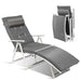 Adjustable Lightweight Folding Chaise Lounge Chair with Removable Pillow & Cushions in Gray, shown unfolded for relaxing and outdoor use.