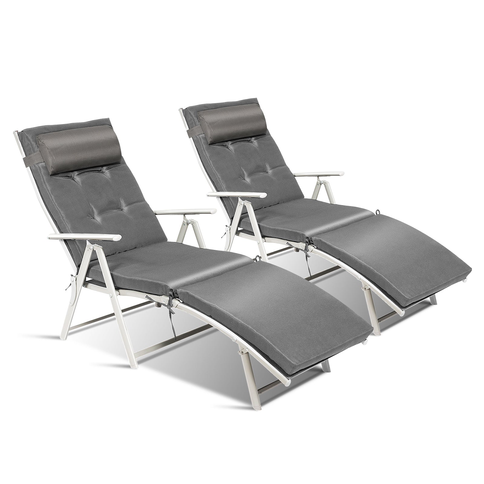 Two Adjustable Lightweight Folding Chaise Lounge Chairs with Removable Pillow & Cushions in Gray, perfect for outdoor relaxation.