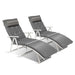 Two Adjustable Lightweight Folding Chaise Lounge Chairs with Removable Pillow & Cushions in Gray, perfect for outdoor relaxation.