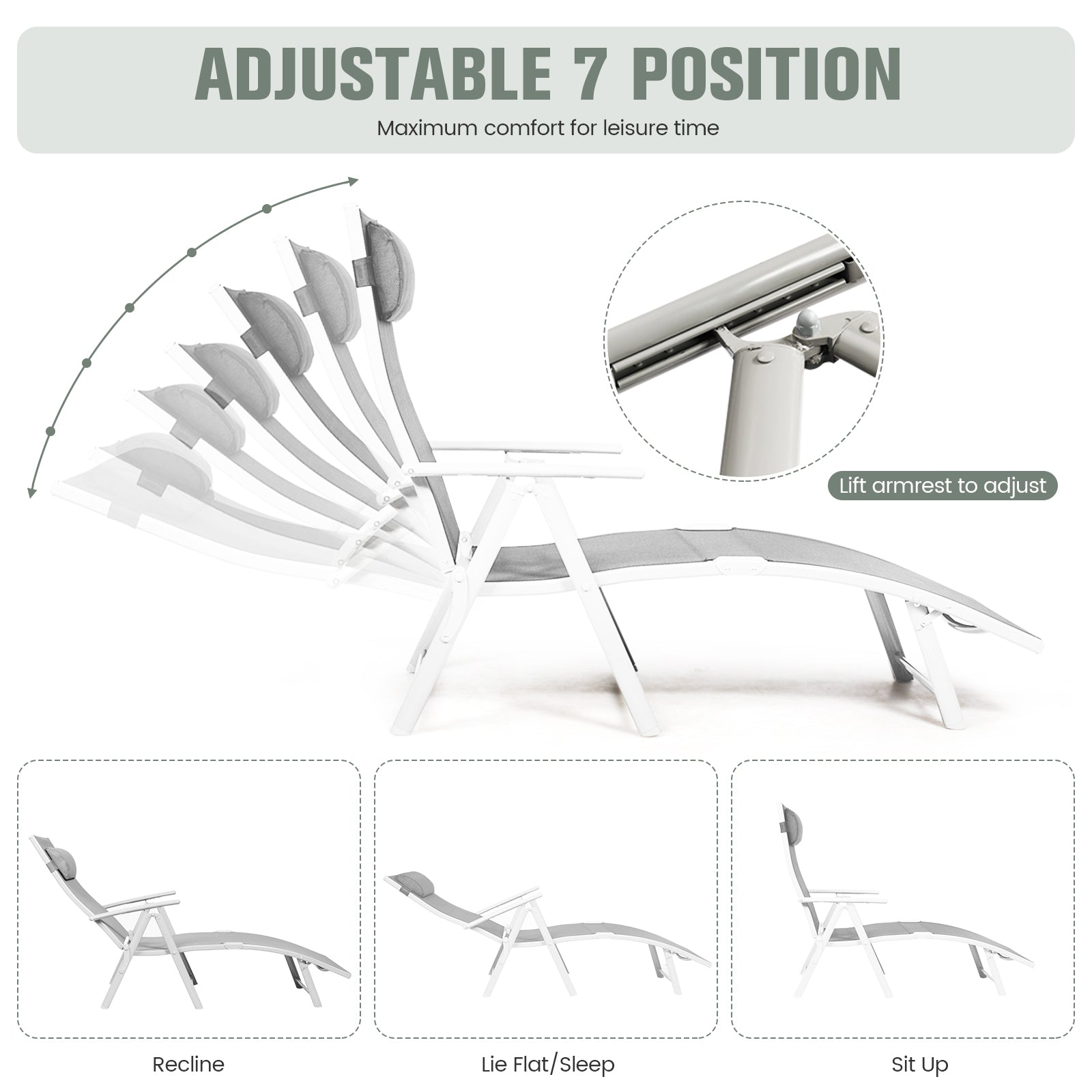 Adjustable Lightweight Folding Chaise Lounge Chair with Removable Pillow & Cushions - Gray showcasing its adjustable 7 backrest positions for customized comfort during outdoor lounging.