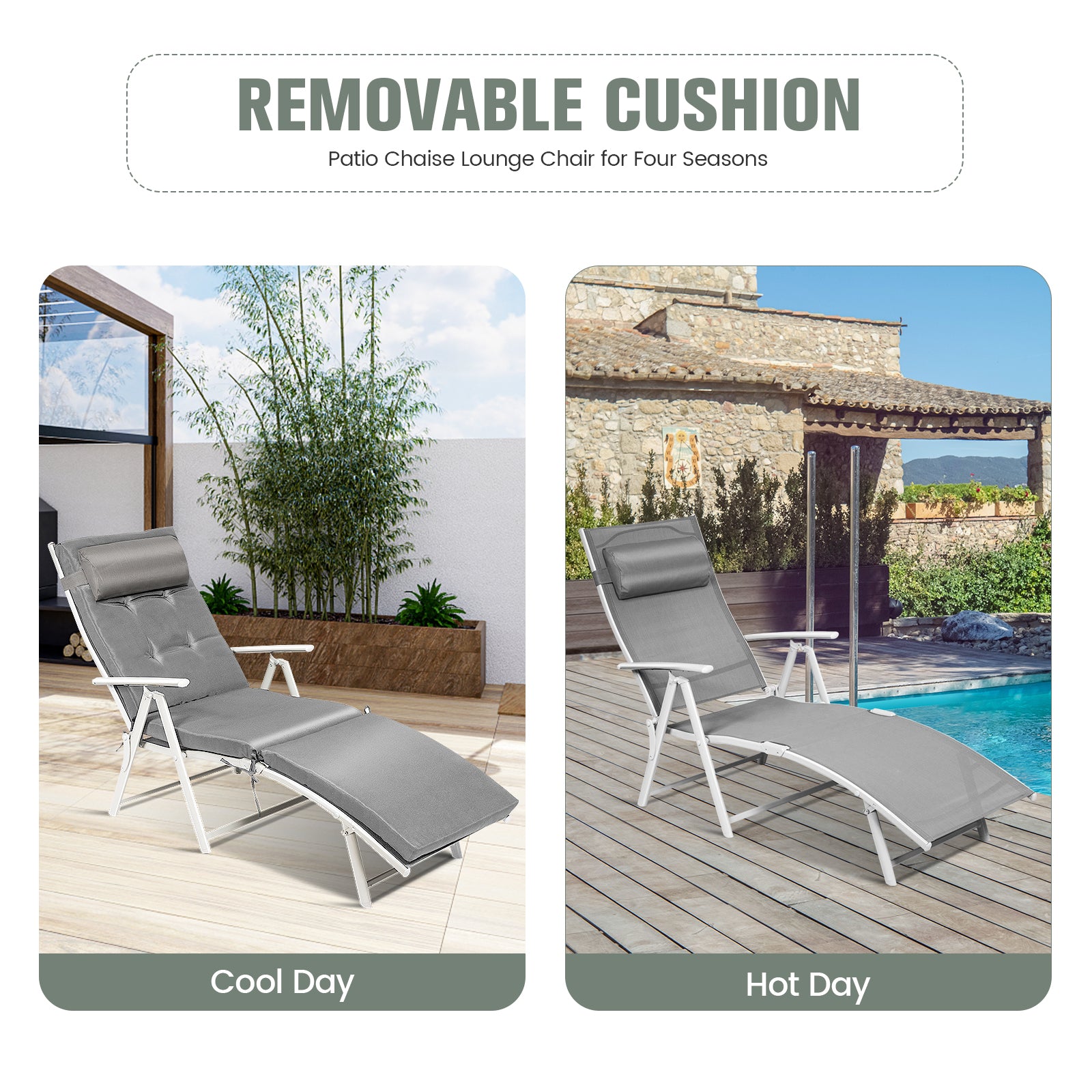 Adjustable Lightweight Folding Chaise Lounge Chair with Removable Pillow & Cushions in Gray showcased for cool and hot weather use.
