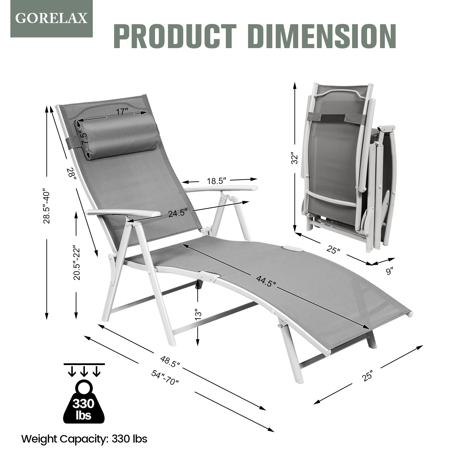 Product dimensions and specifications for the Adjustable Lightweight Folding Chaise Lounge Chair with Removable Pillow & Cushions in Gray.
