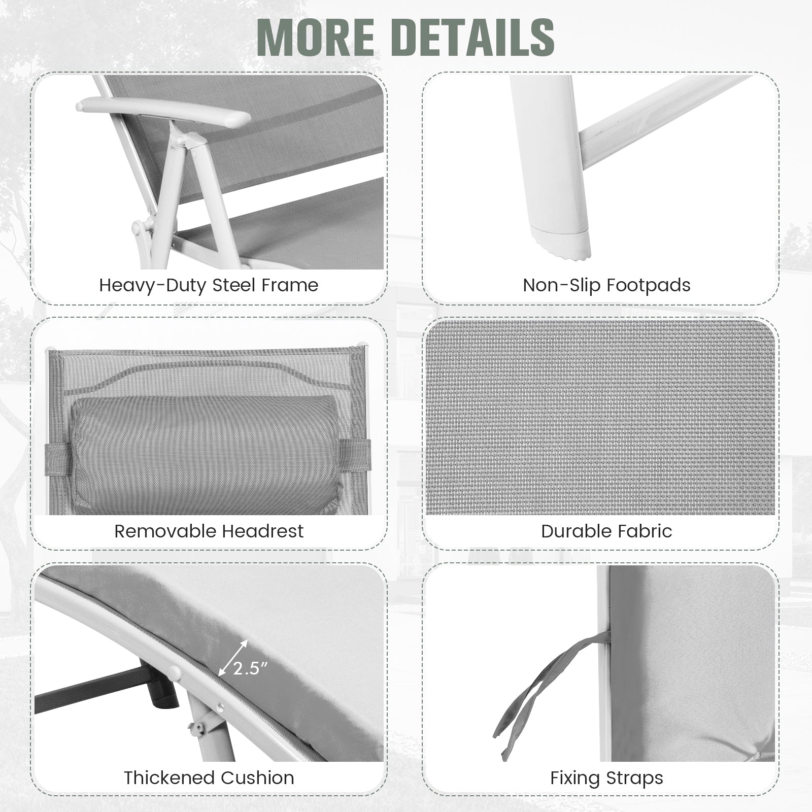 Close-up details of Adjustable Lightweight Folding Chaise Lounge Chair with Removable Pillow & Cushions - Gray highlighting its heavy-duty steel frame, removable headrest, and durable fabric.