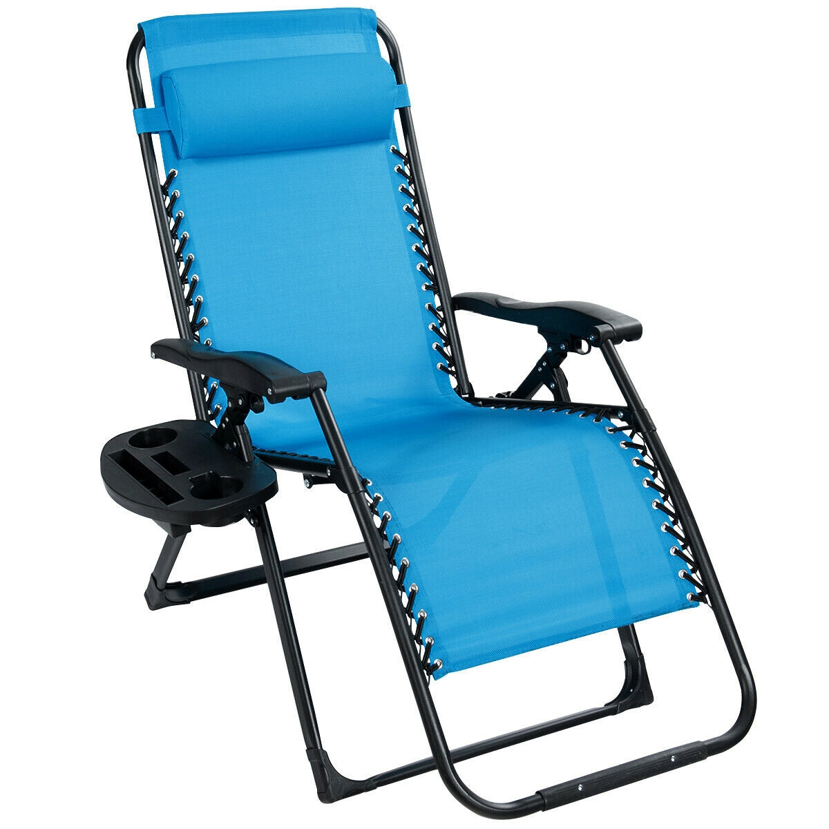 Close-up of an oversized heavy duty lounge chair with adjustable backrest and cup holder by Dream Yard Oasis™, showcasing its blue fabric and ergonomic design.
