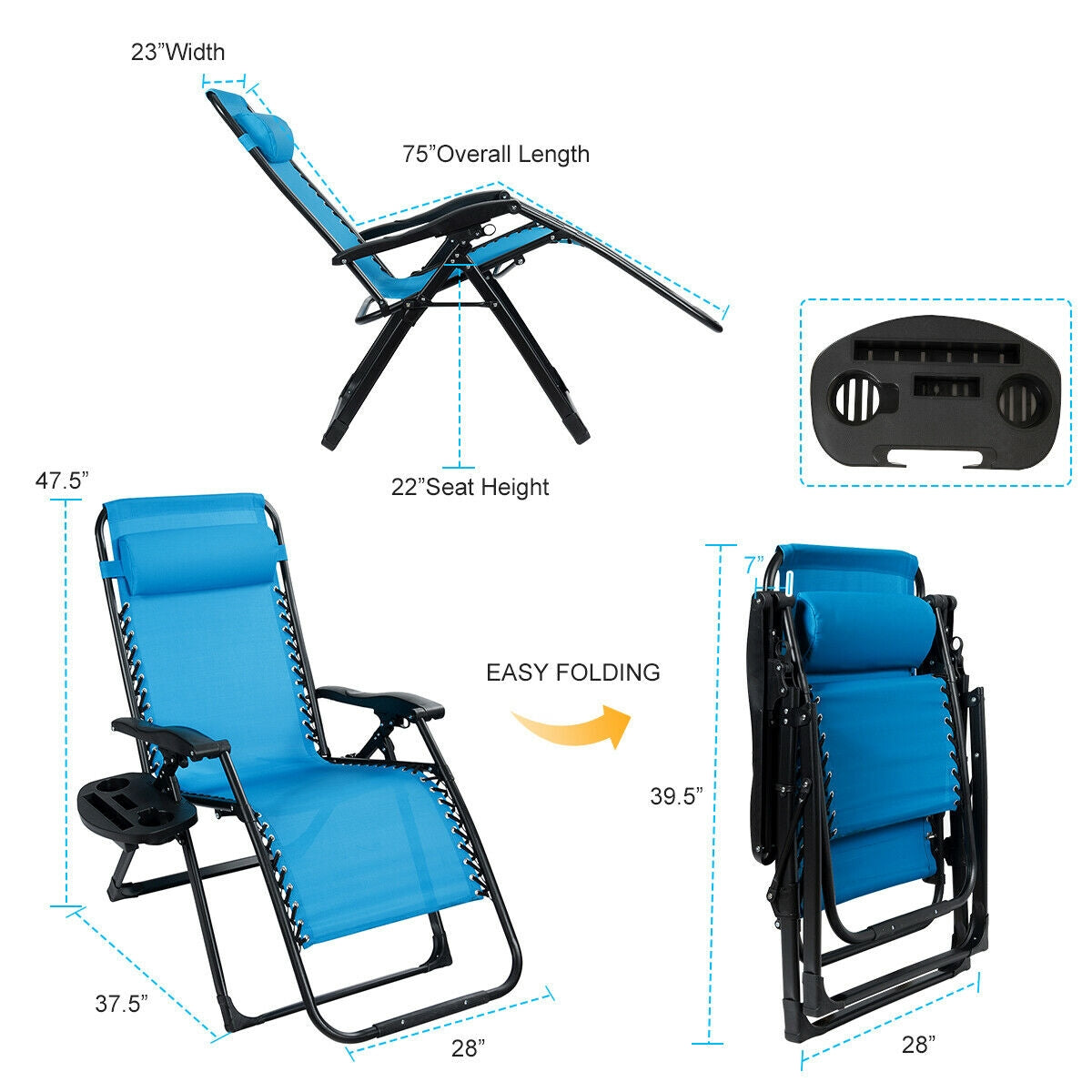 Infographic detailing the dimensions and features of an oversized heavy duty lounge chair with adjustable backrest and cup holder by Dream Yard Oasis™, highlighting its easy folding design.