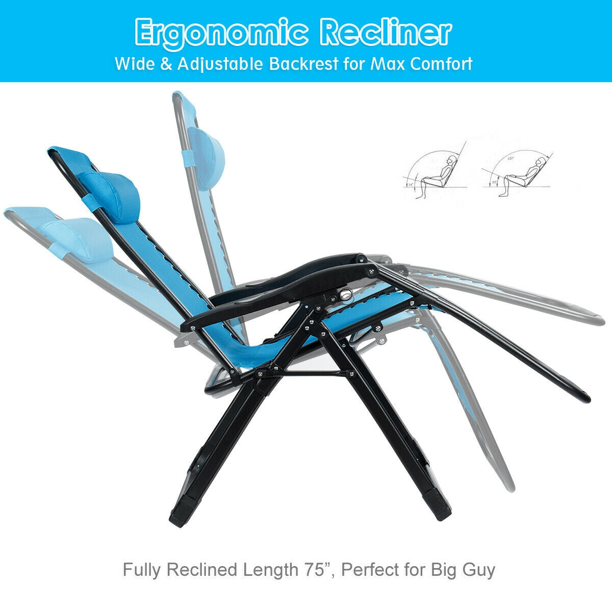 The Dream Yard Oasis oversized heavy-duty lounge chair fully reclined, showcasing its adjustable backrest perfect for relaxation - blue - 500 lbs capacity.