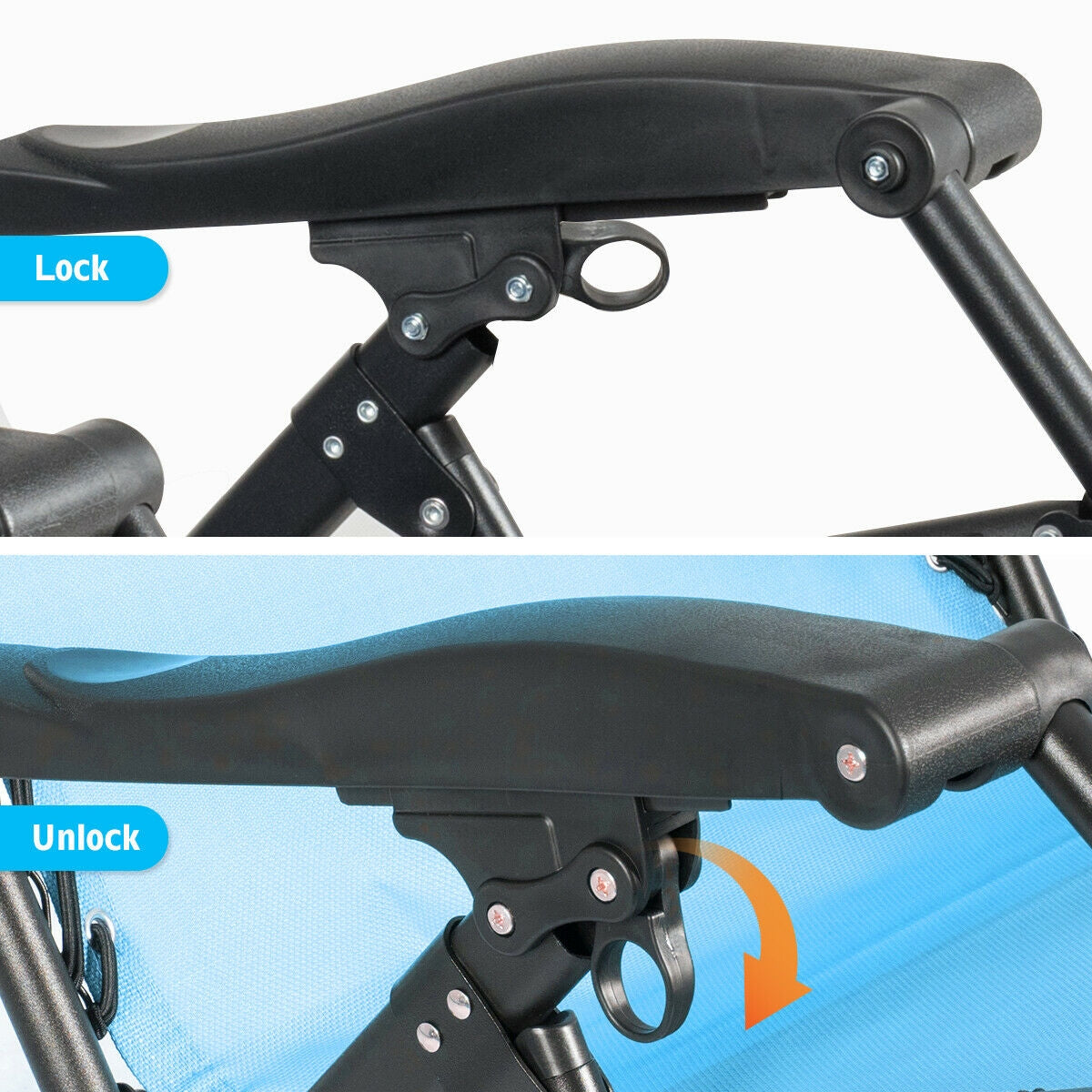 Detailed view of the locking mechanism on the Dream Yard Oasis oversized heavy-duty lounge chair, demonstrating how to lock and unlock the adjustable backrest - blue - 500 lbs capacity.
