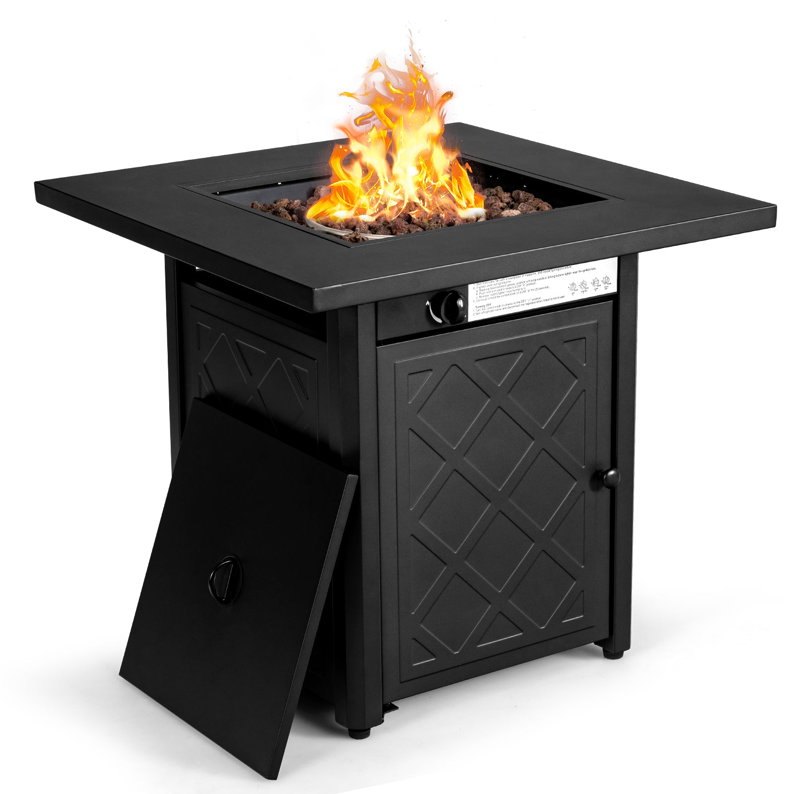 Close-up of the 28 Inch Propane Gas Fireplace showing flames and lava rocks, highlighting its sleek black finish and stylish design.