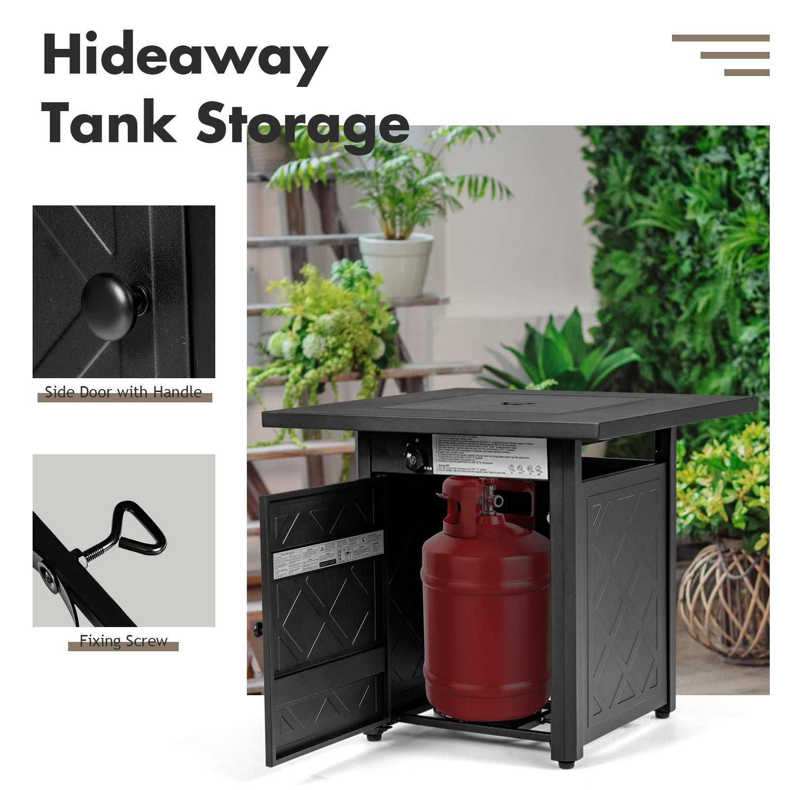 28 Inch Propane Gas Fireplace showcasing hideaway tank storage with a side door, part of Dream Yard Oasis ™ patio square fire pit design. Perfect for organized outdoor spaces.