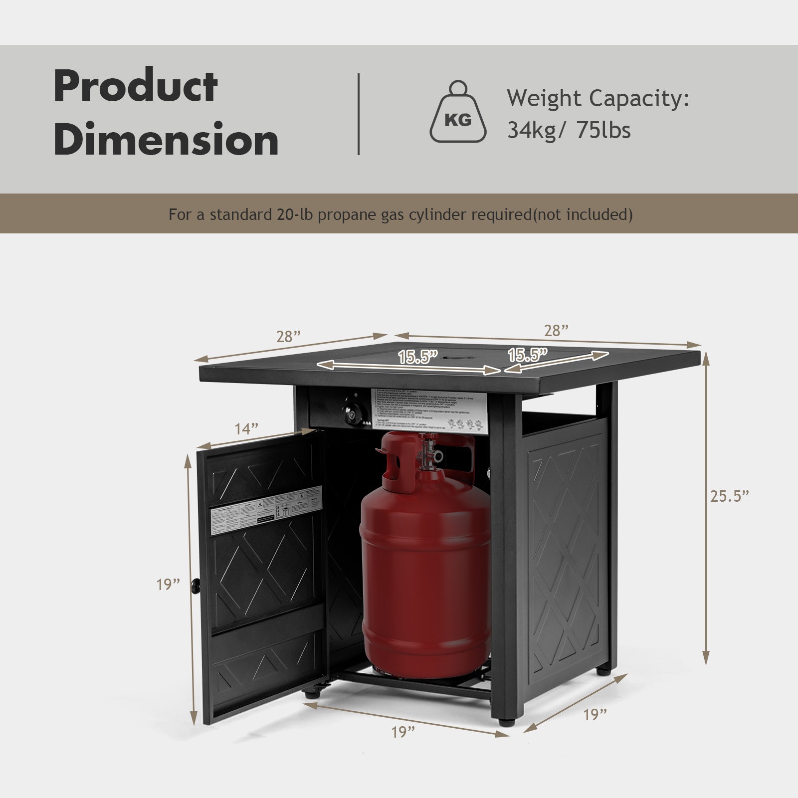 Product dimensions of the 28 Inch Propane Gas Fireplace, detailing sizes and weight capacity, along with an image of the propane tank storage.