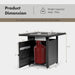 Product dimensions of the 28 Inch Propane Gas Fireplace, detailing sizes and weight capacity, along with an image of the propane tank storage.
