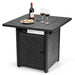 28 Inch Propane Gas Fireplace with a dining setup featuring wine and snacks, illustrating its dual functionality as a fire pit and table.