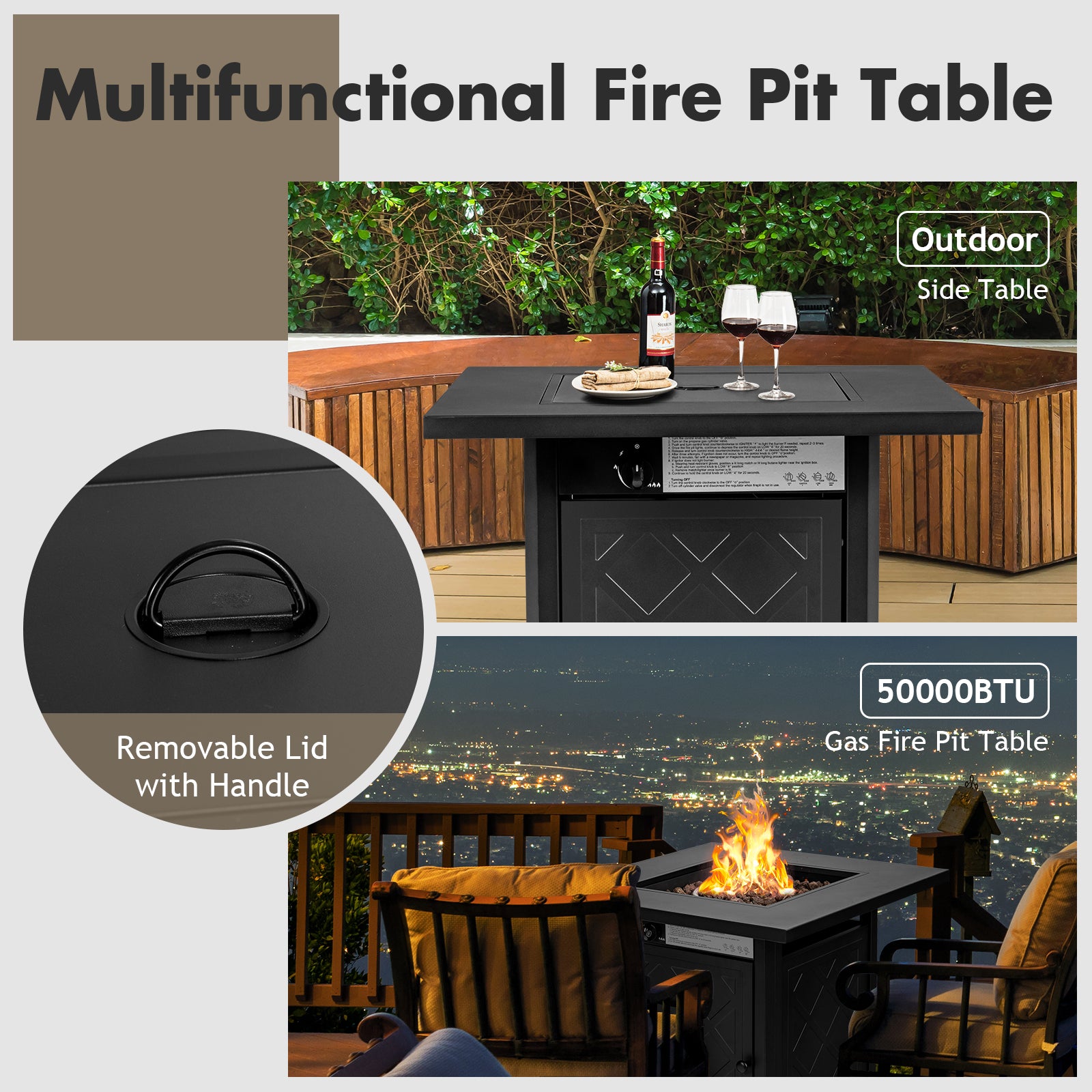 Multifunctional fire pit table displaying the 28 Inch Propane Gas Fireplace with removable lid and handle, ideal for outdoor dining and entertaining from Dream Yard Oasis ™.