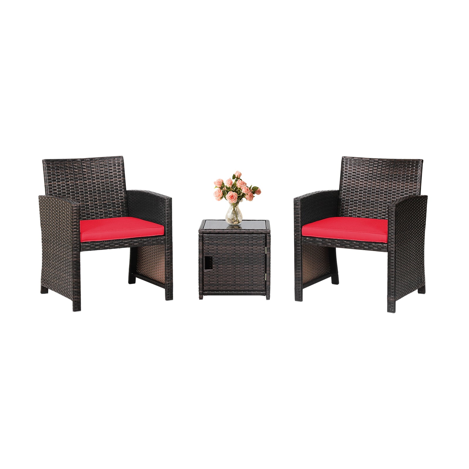 3-Piece Red Patio Wicker Furniture Set displaying two black wicker chairs with red cushions and a coffee table, adorned with flowers, creating a cozy outdoor vibe.