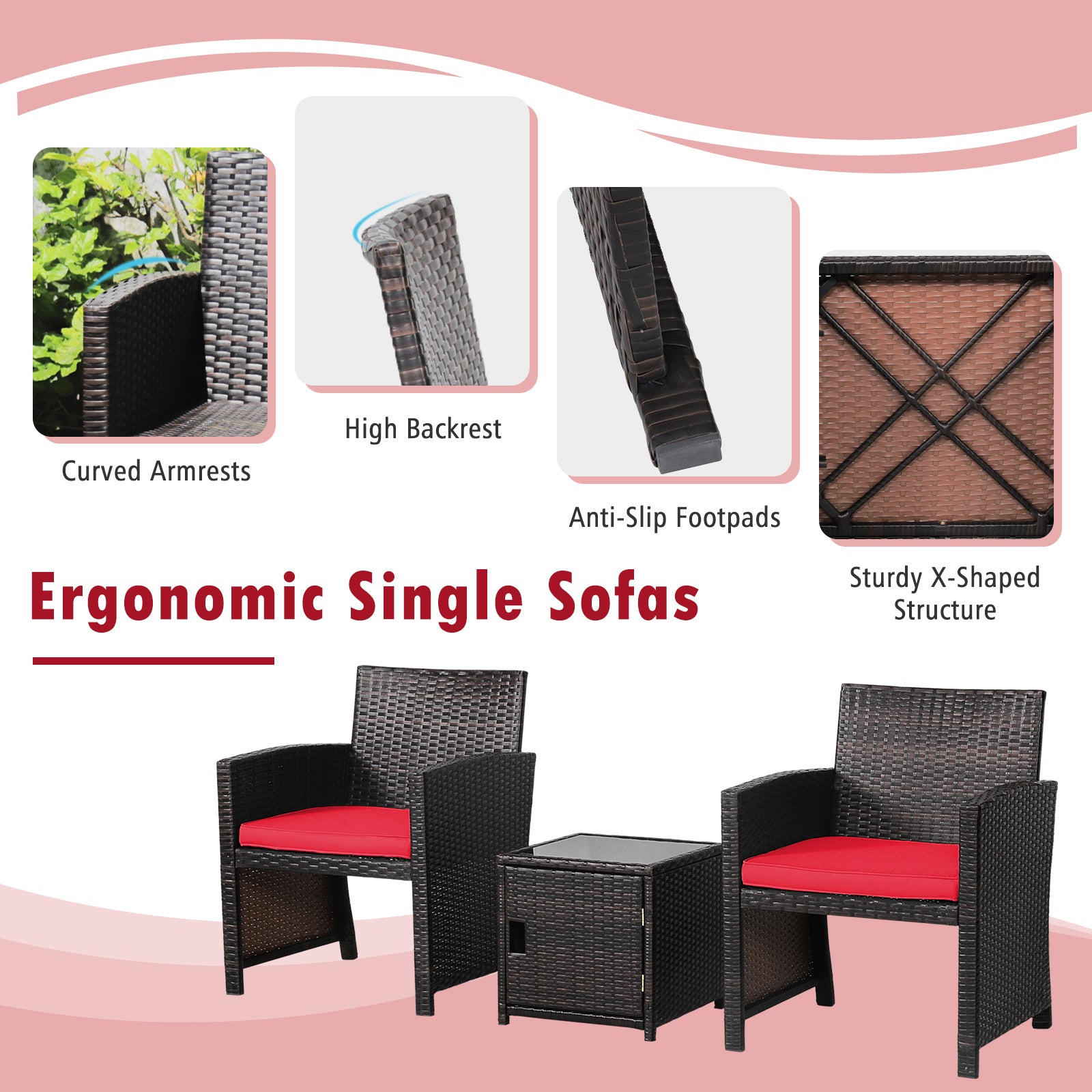 Ergonomic design features of the 3-Piece Red Patio Wicker Furniture Set showcasing curved armrests and anti-slip footpads for added comfort and safety.
