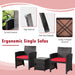 Ergonomic design features of the 3-Piece Red Patio Wicker Furniture Set showcasing curved armrests and anti-slip footpads for added comfort and safety.